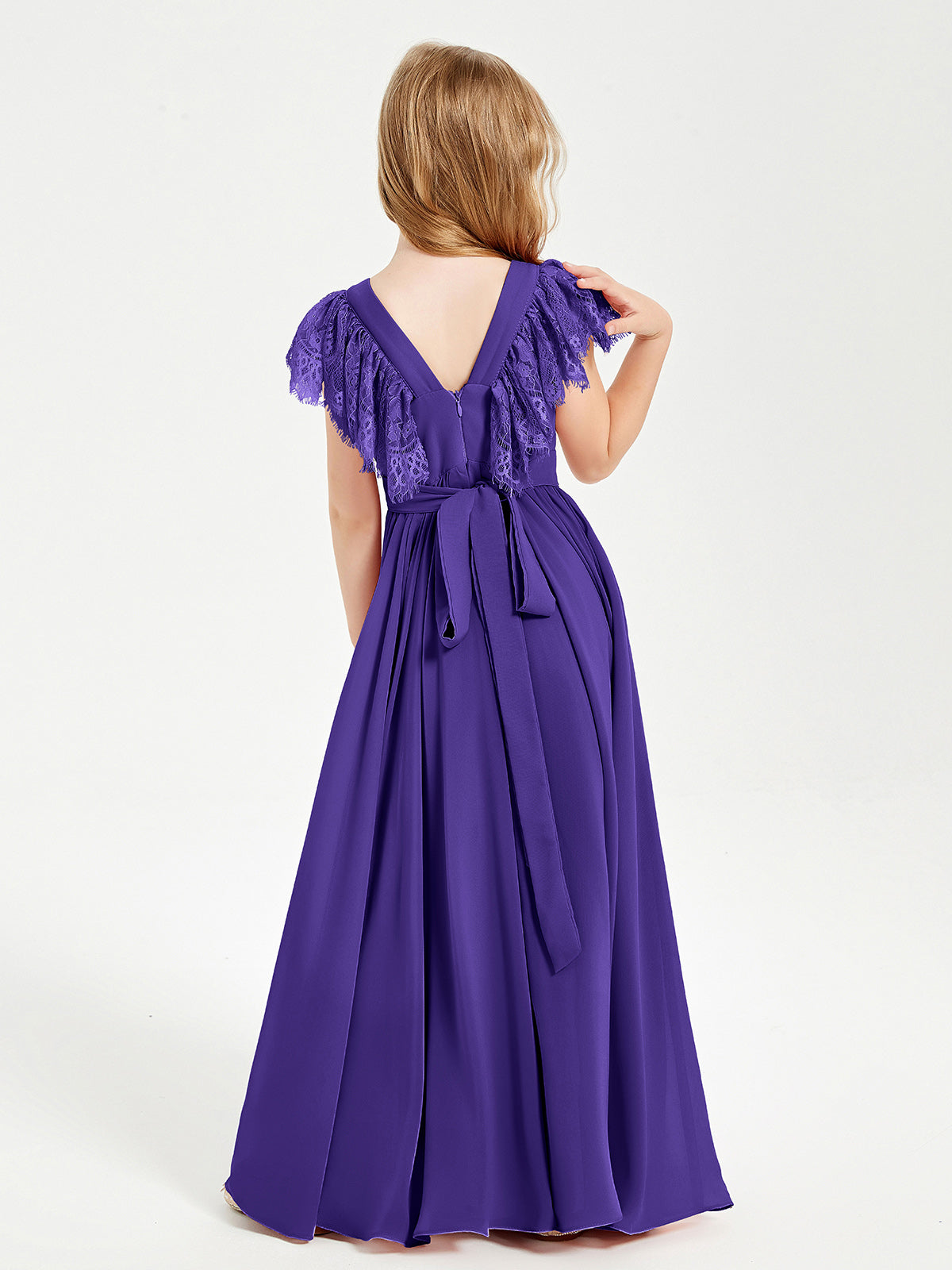 Chiffon Junior Bridesmaid Dresses with Lace Flutter Sleeves Regency